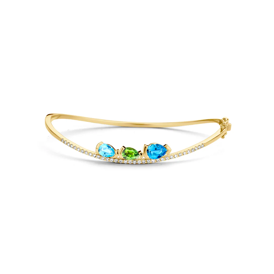 Adeline Trio Curved Bracelet, Groene munttoermalijn & Donkerblauwe aquamarijn & Blauwe aquamarijn
