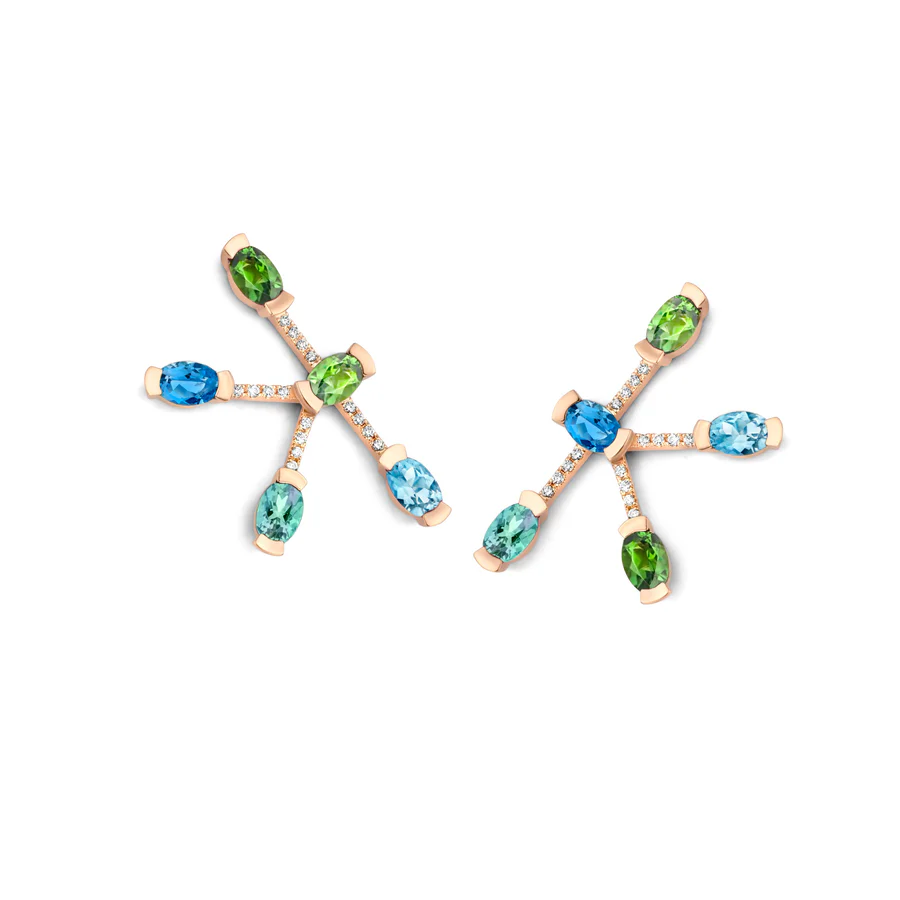 Adeline Star Earrings, Groene toermalijn & Donkerblauwe aquamarijn & Groene munttoermalijn & Blauwe aquamarijn