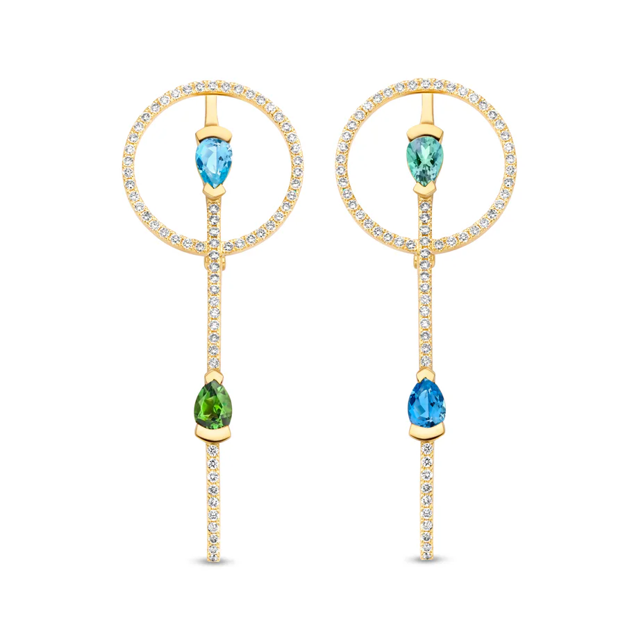 Adeline Round Earrings, Blauwe aquamarijn & Groene toermalijn & Groene munttoermalijn