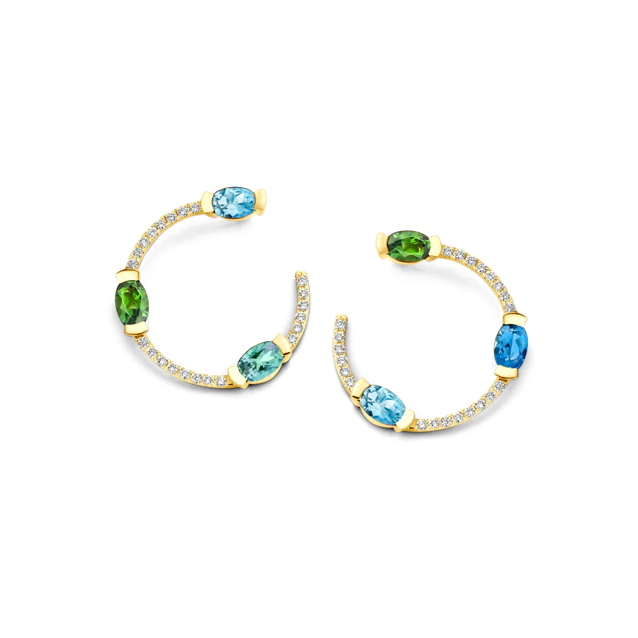 Adeline Trio Curved Earrings, Blauwe aquamarijn & Groene toermalijn & Groene munttoermalijn & Donkerblauwe aquamarijn