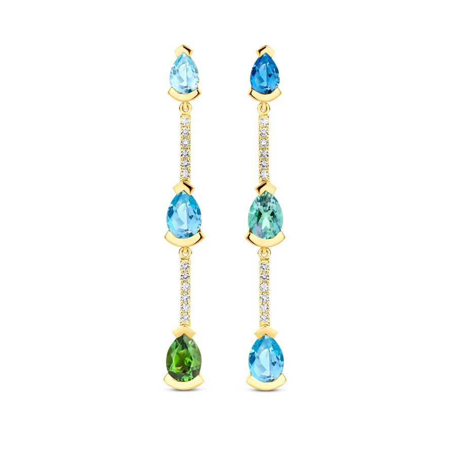 Adeline Trio Straight Earrings, Blauwe aquamarijn & Groene toermalijn & Donkerblauwe aquamarijn & Groene munttoermalijn