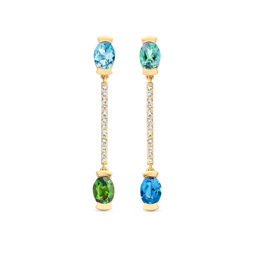 Adeline Duo Straight Earrings, Blauwe aquamarijn & Groene toermalijn & Groene munttoermalijn & Donkerblauwe aquamarijn