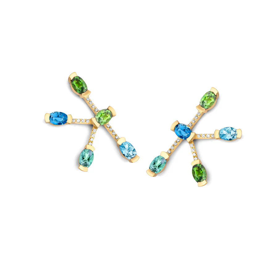 Adeline Star Earrings, Groene toermalijn & Donkerblauwe aquamarijn & Groene munttoermalijn & Blauwe aquamarijn