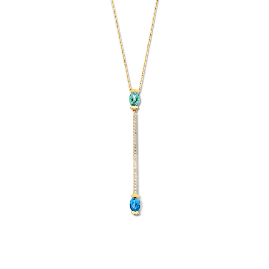 Adeline Duo Straight Necklace, Groene munttoermalijn & Donkerblauwe aquamarijn