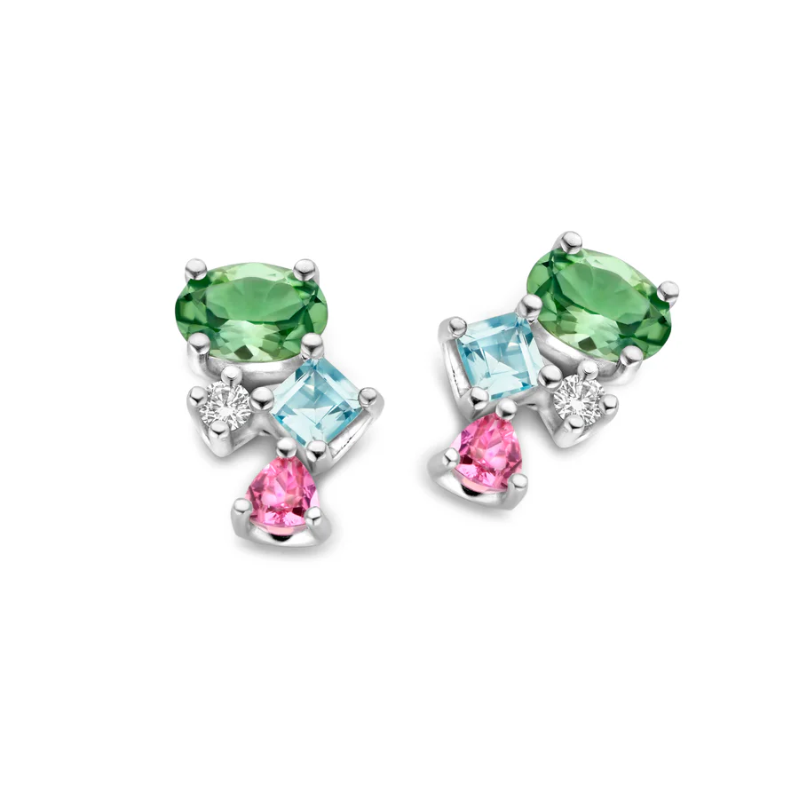 Eclectic Earrings, Green Mint Tourmaline & Pink Tourmaline & Blue Swiss Topaz & White Diamond