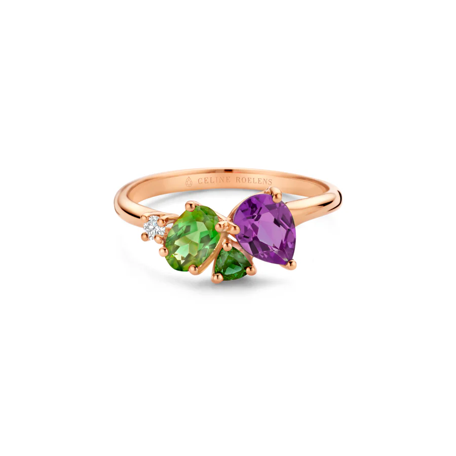 Eclectic Ring, Green Tourmaline & Green Tsavorite & Purple Royal Garnet & White Diamond