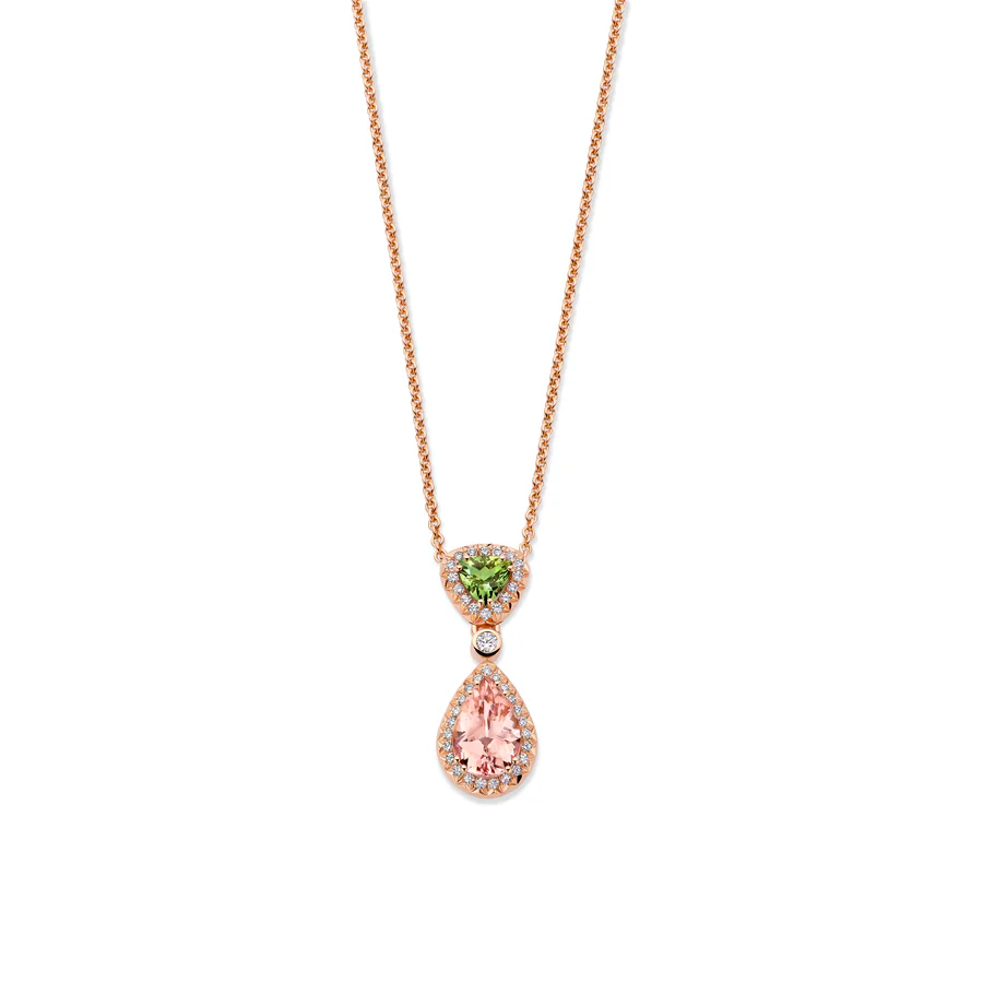 One of a Kind Pendant with Necklace, Groene munttoermalijn & Roze morganiet